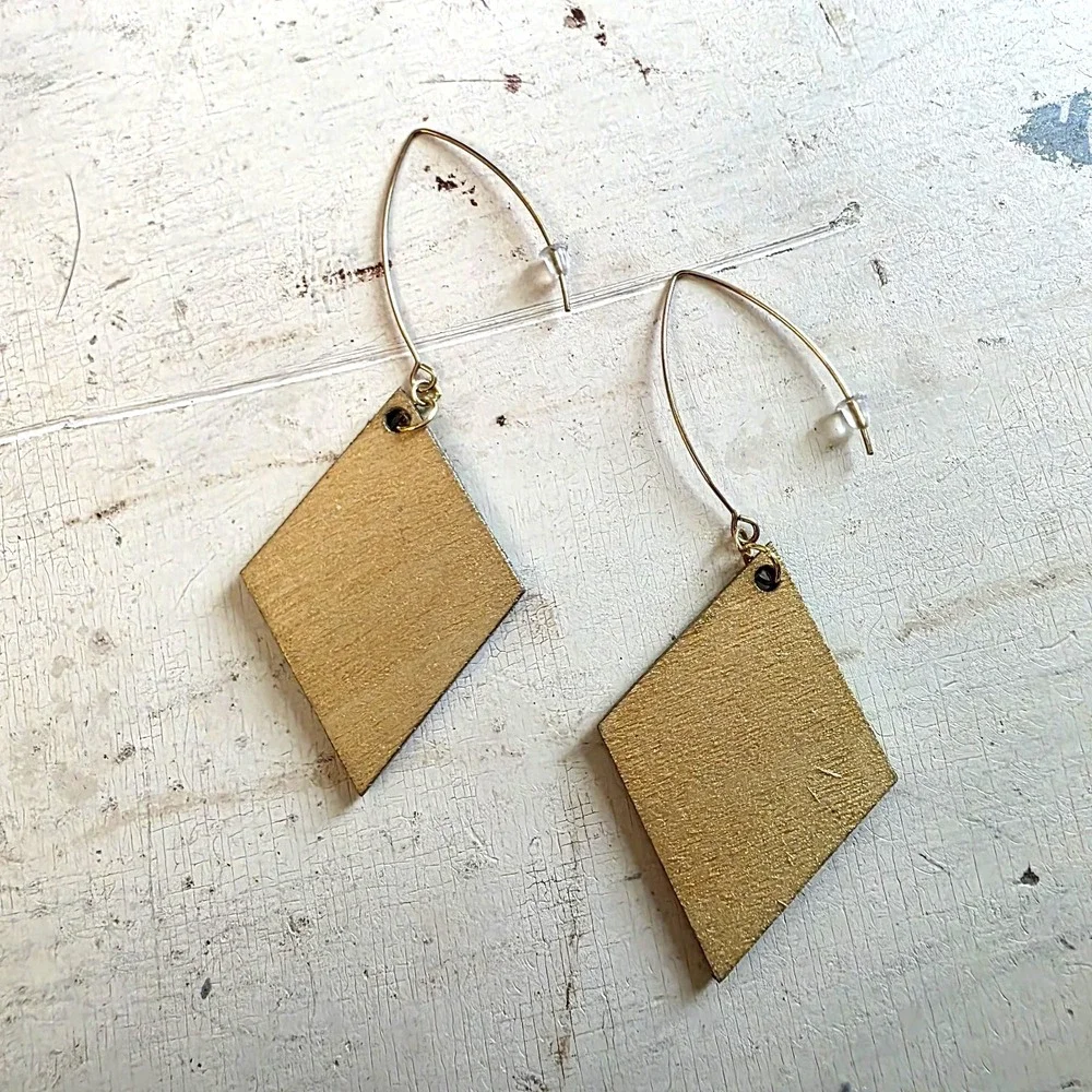 Handmade Abstract Wood Statement Earrings OOAK Taupe Brown Gold Metallic Dangles